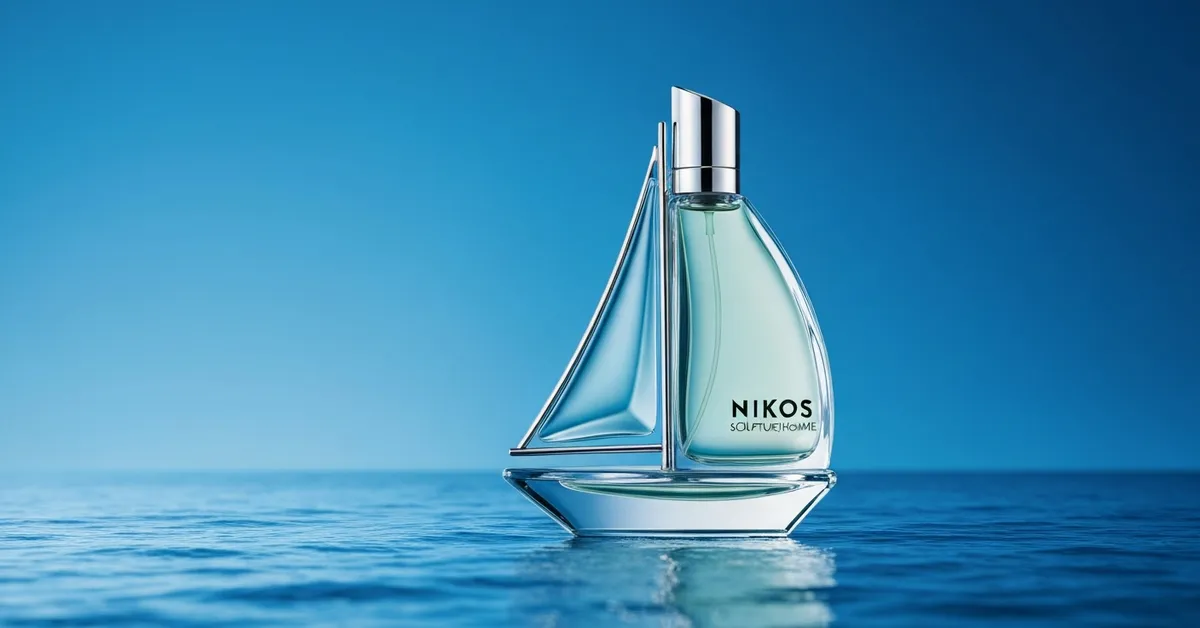 Flacon de parfum Nikos Sculpture Homme en forme de voile sur fond bleu azur.