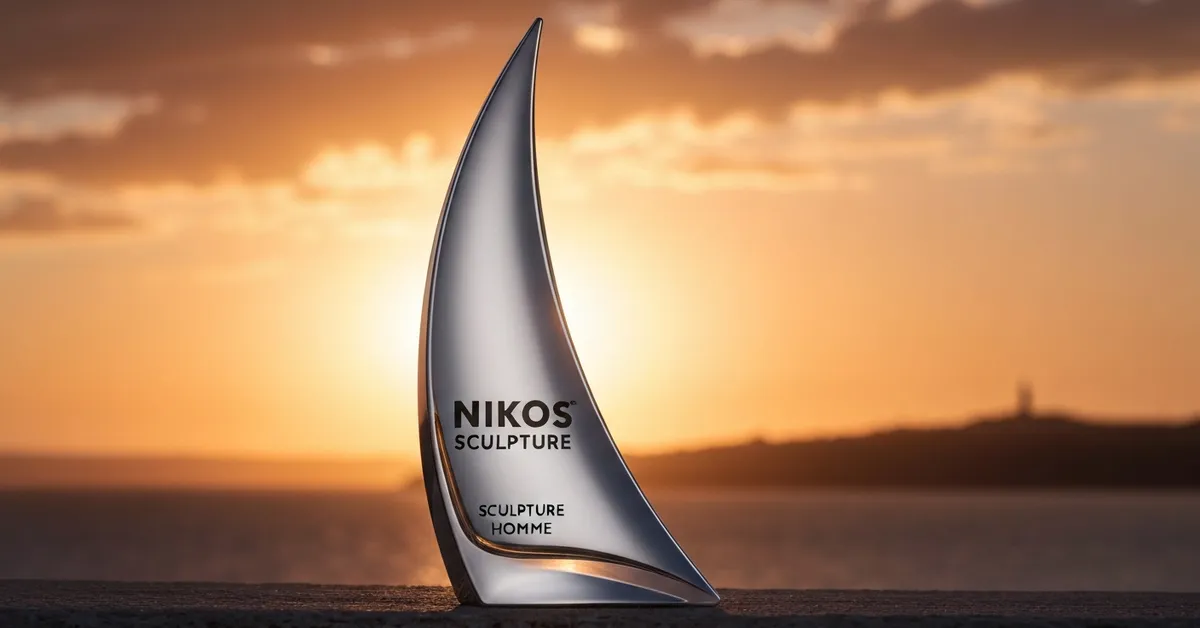 Nikos Sculpture Homme : Flacon Nikos Sculpture Homme en forme de voile sur fond de coucher de soleil méditerranéen