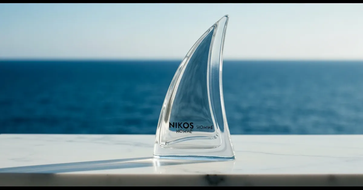 Nikos Sculpture Homme : Flacon de parfum Nikos Sculpture Homme sur marbre blanc face à la mer